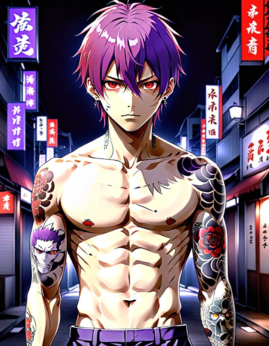 Anime male, Purple short shair, Shirtless Yakuza Anime Male,...