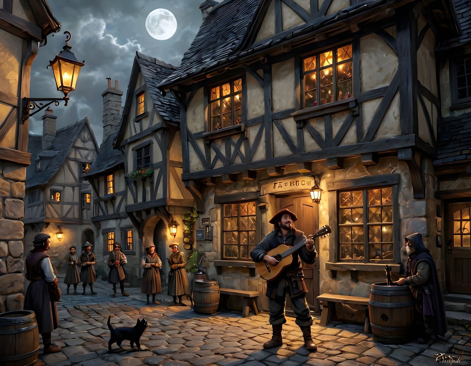 Bard Plays Lute Outside Tavern with Magical Sparks