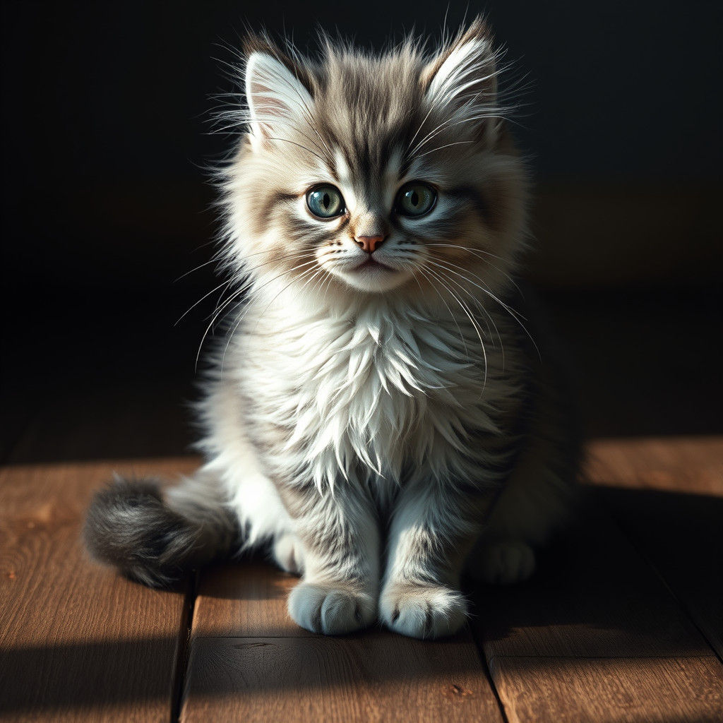 Detailed Gray Kitten on Wooden Floor