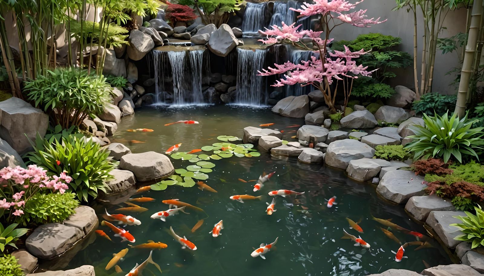 Colorful Japanese Koi Pond with Waterfalls
