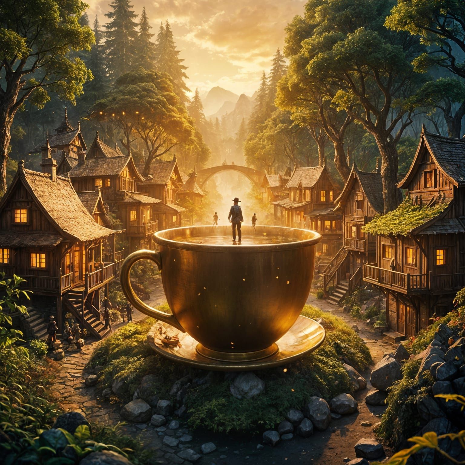 Miniature Civilization in Golden Cup: 3D Anime Art
