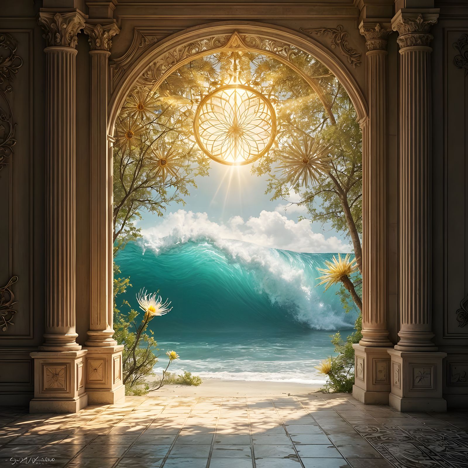 Golden Portal to Heavenly Beach Scene