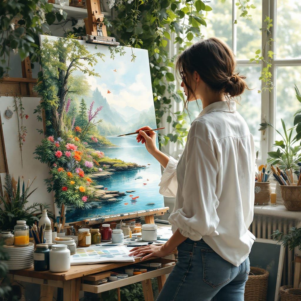 Artist Creating a Watercolour Landscape Painting