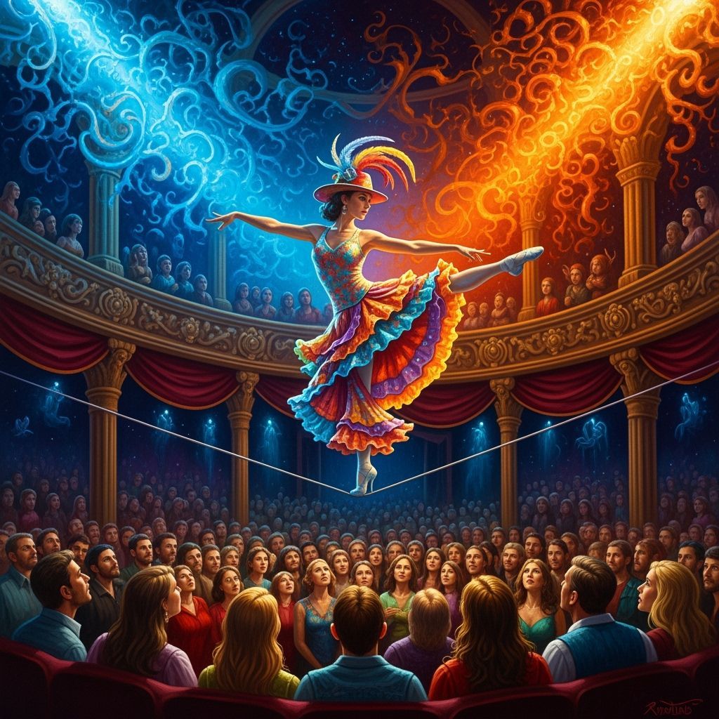 Line Dancer on Wire in Dreamlike Oil Painting