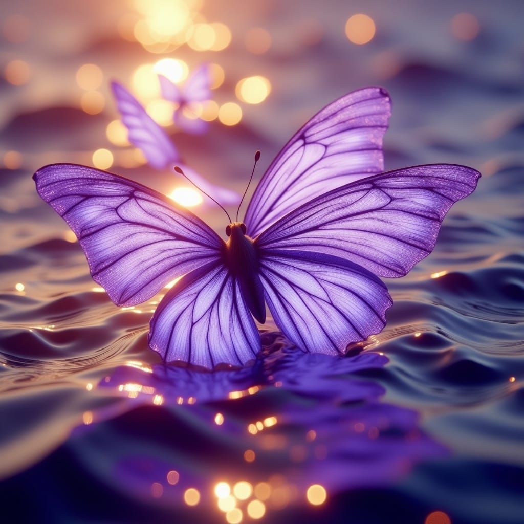 Purple Butterfly Flight Over Ocean at Dawn