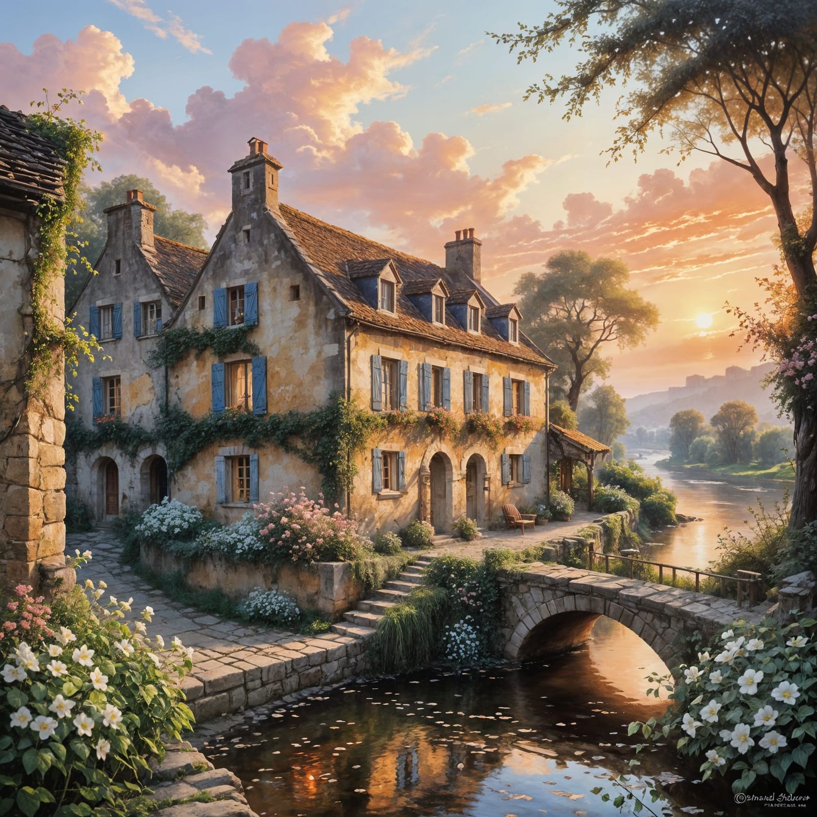Oil Painting of French Village at Sunrise