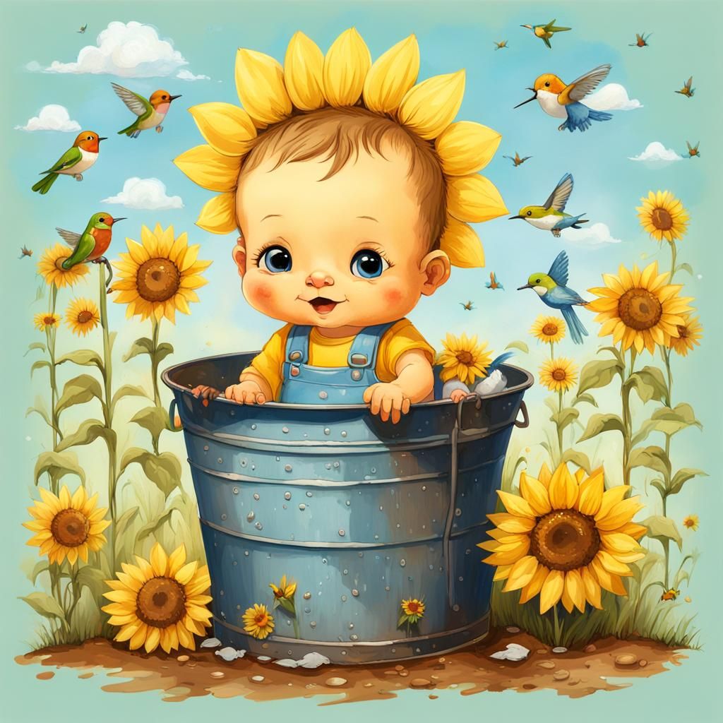 Baby in Diapers with Yellow Doll, Matte Painting