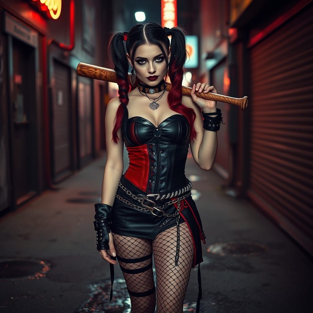 Gothic Harley Quinn-Inspired Woman in Dark Urban Alley