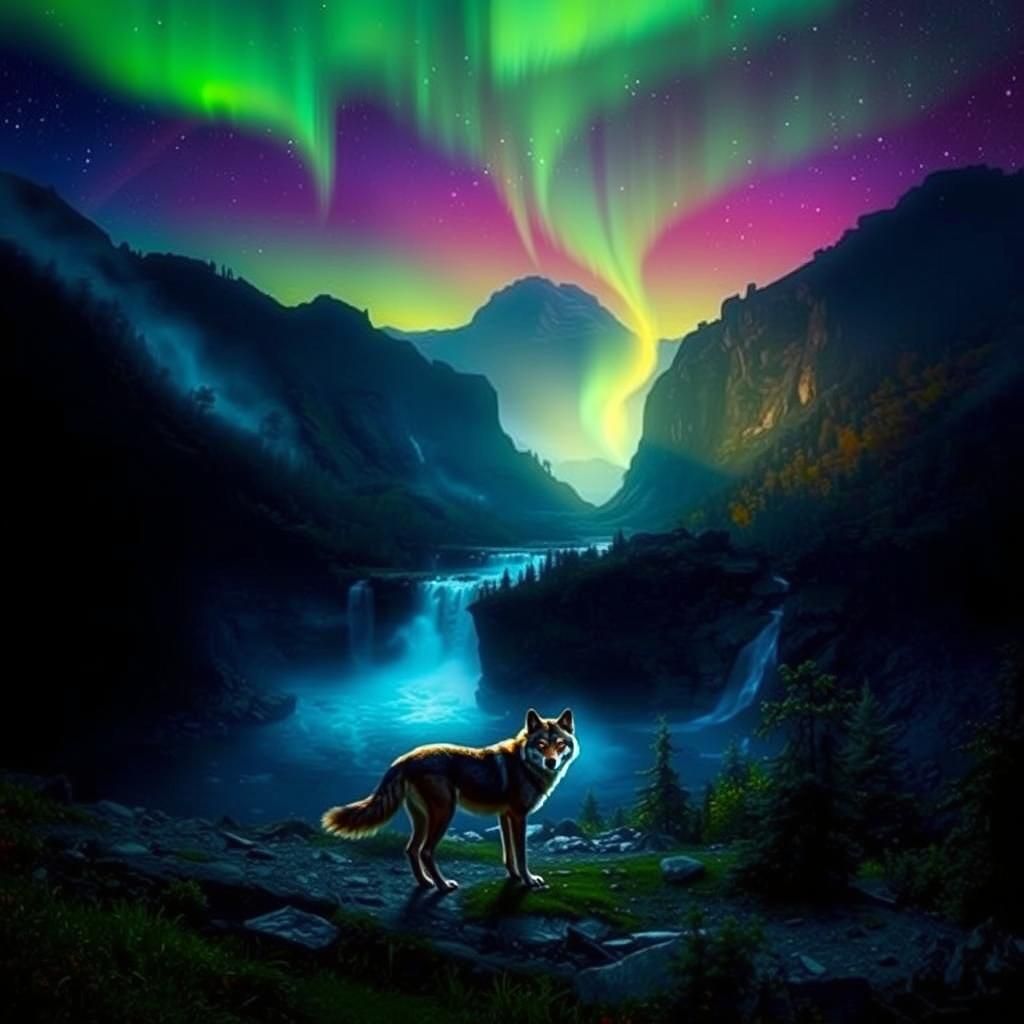 Mystical Wolf by Waterfall in Autumnal Light