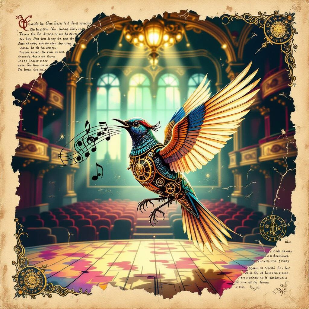 Steampunk Clockwork Songbird in Abandoned Music Hall