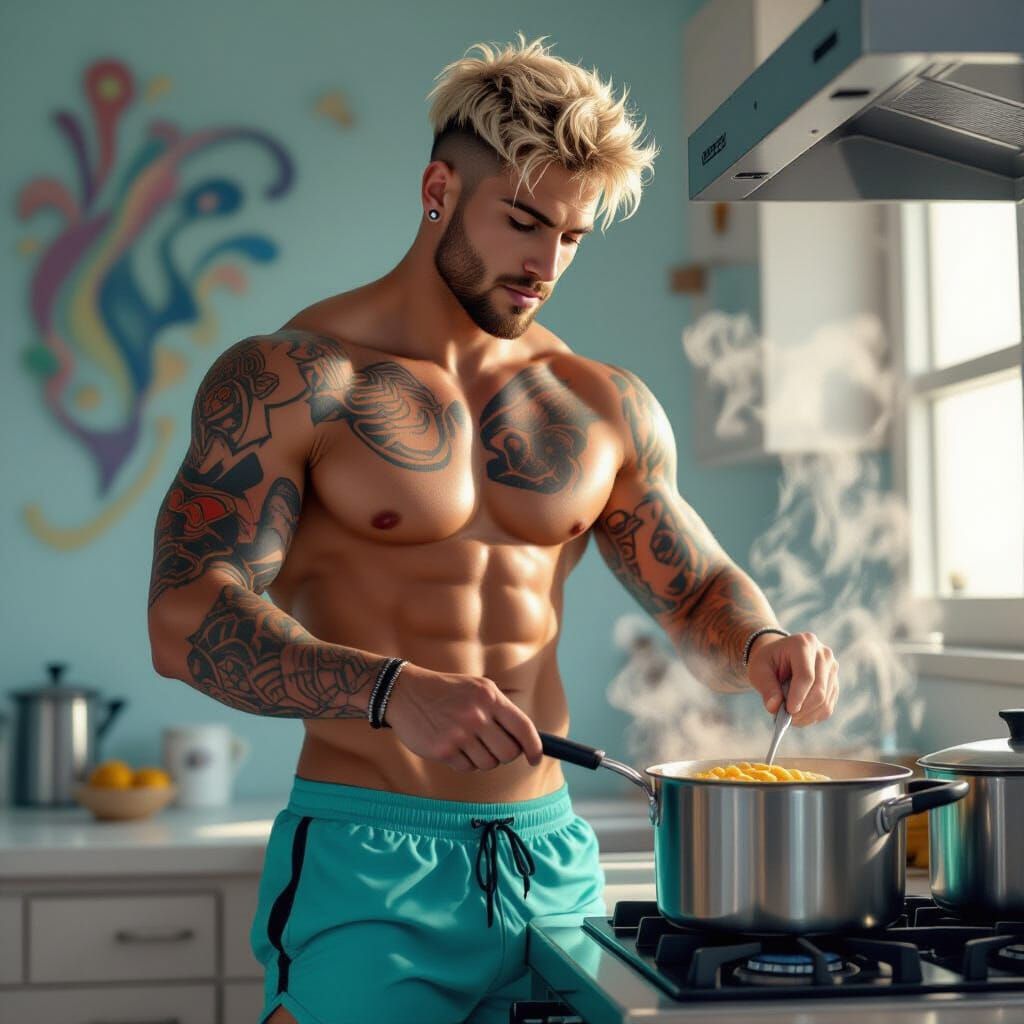 Athletic Man Cooking in Dramatic Light