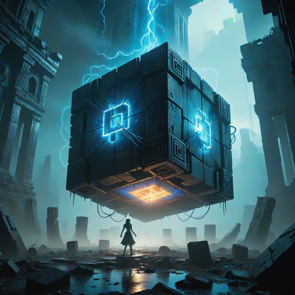 Cyberpunk Ominous Spinning Cube in Abandoned Dystopian Citys...