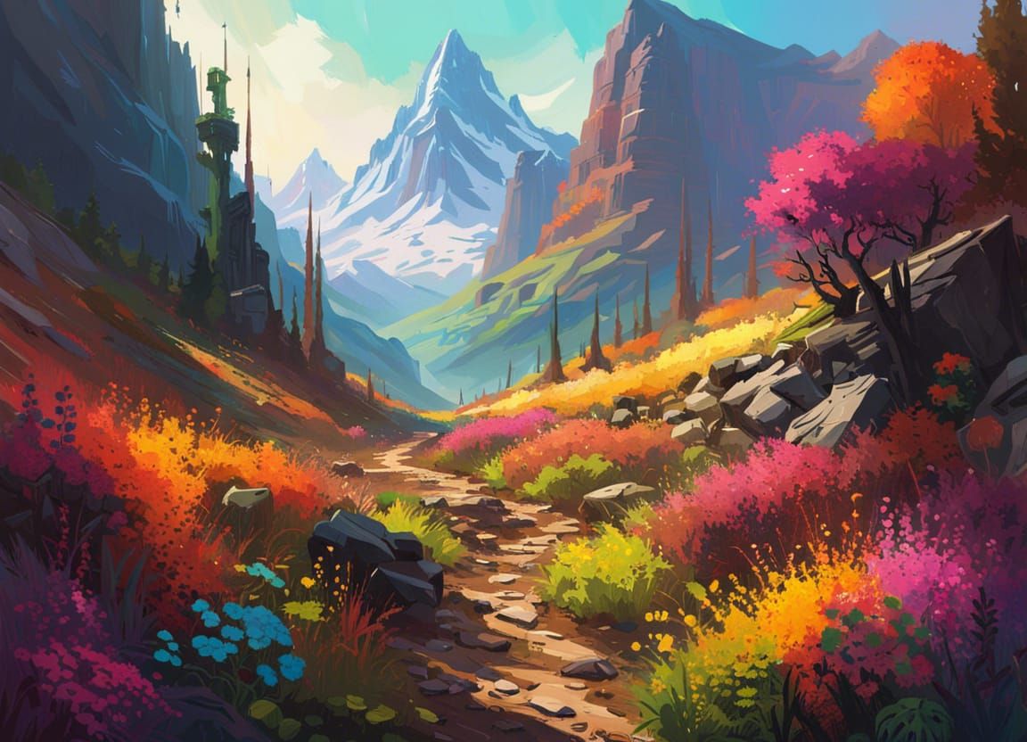 Dystopian Mountainscape in Impressionist Style