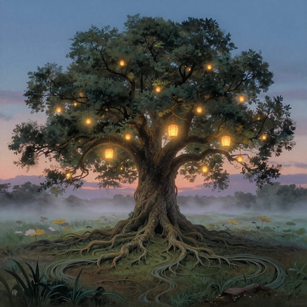 Ancient Oak Tree with Ethereal Lanterns in Misty Meadow
