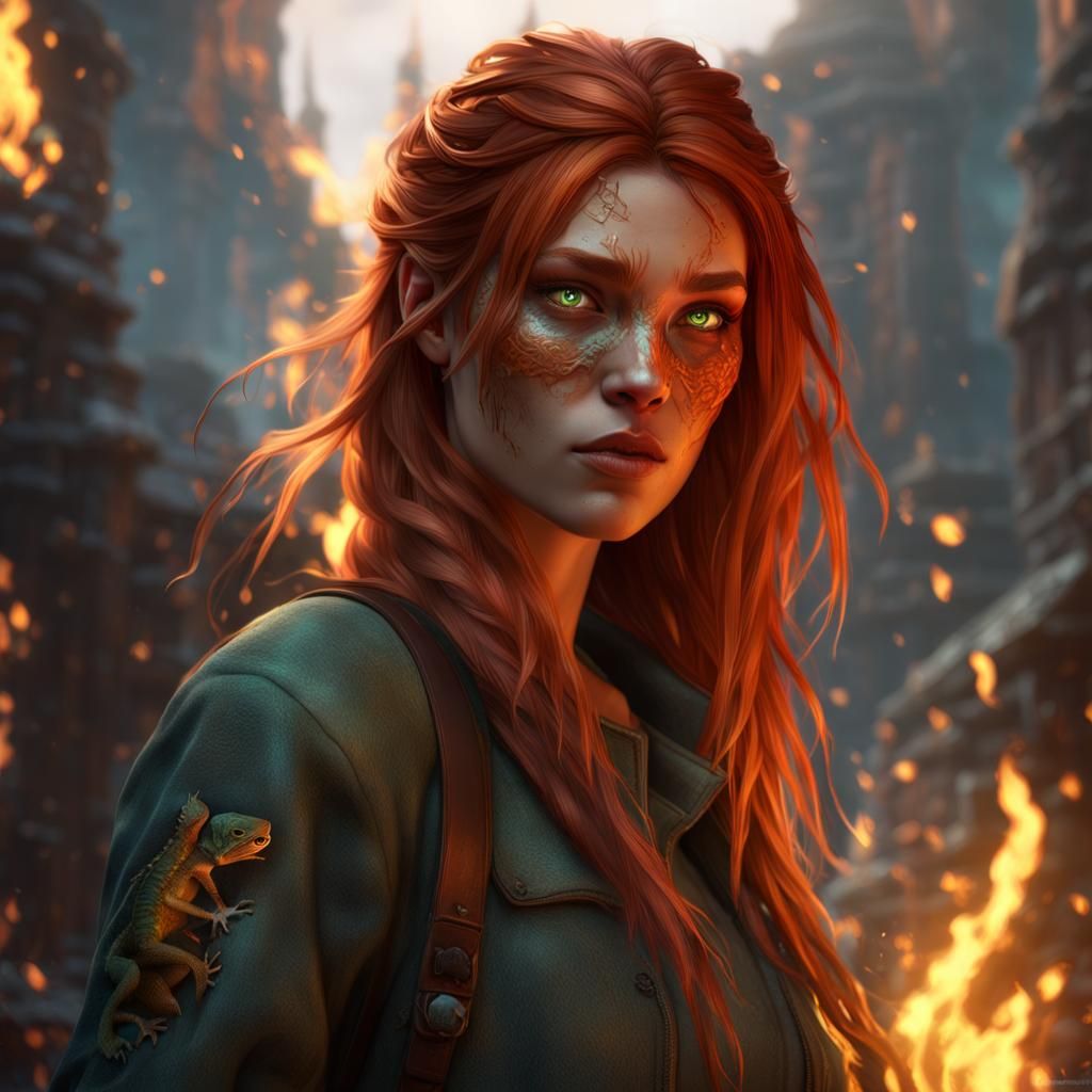 Copper-Haired Girl with Lizard Eyes in Dark Fantasy Art