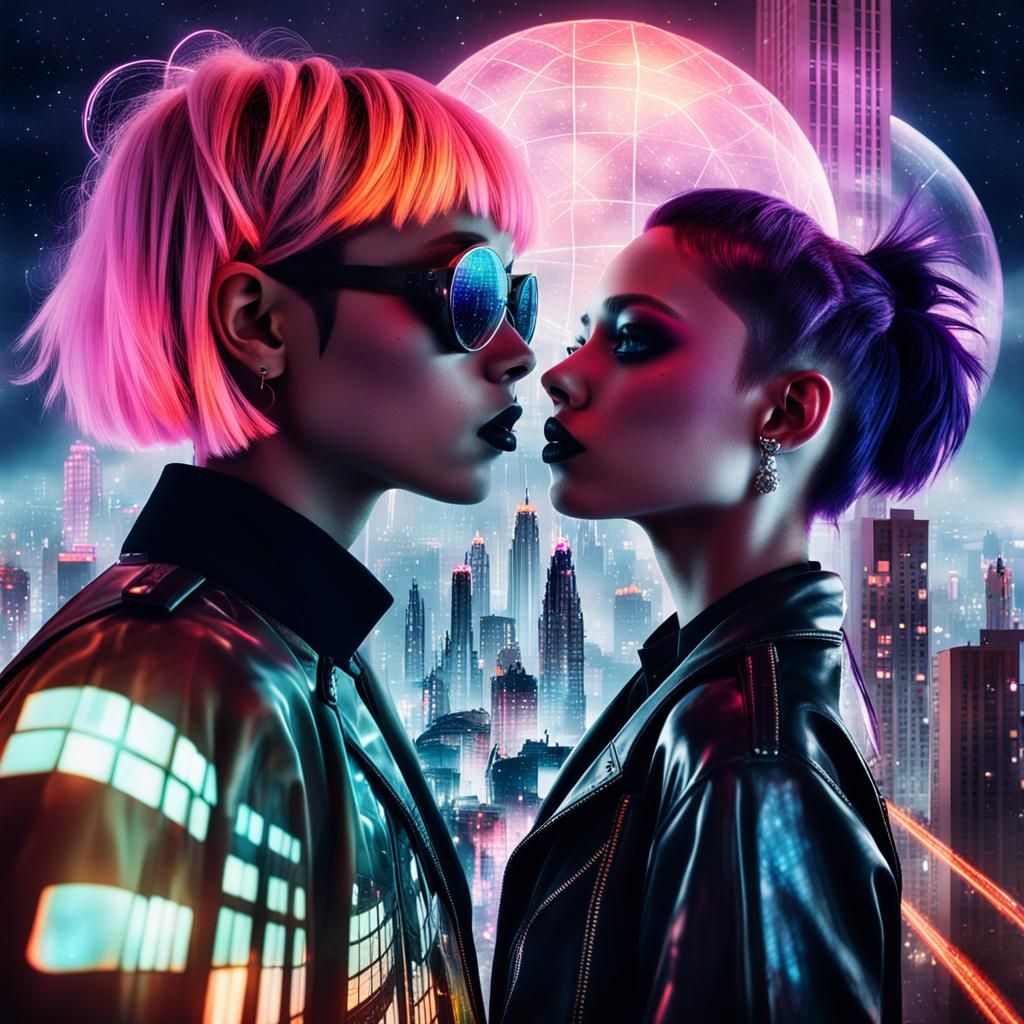 Gothic Nightclub Meets Neon Cityscape Double Exposure