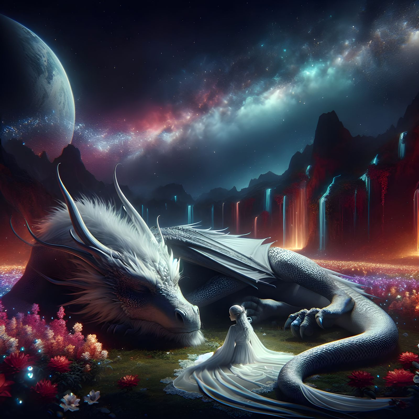 Girl and Dragon Asleep in Mystical Galaxy