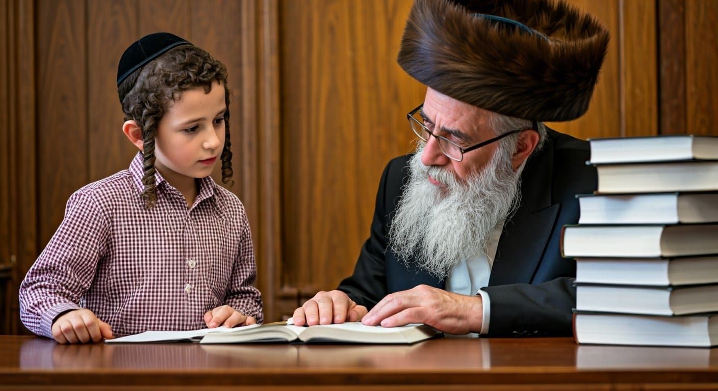 Young Hasidic Boy Consults Elder in Traditional Attire