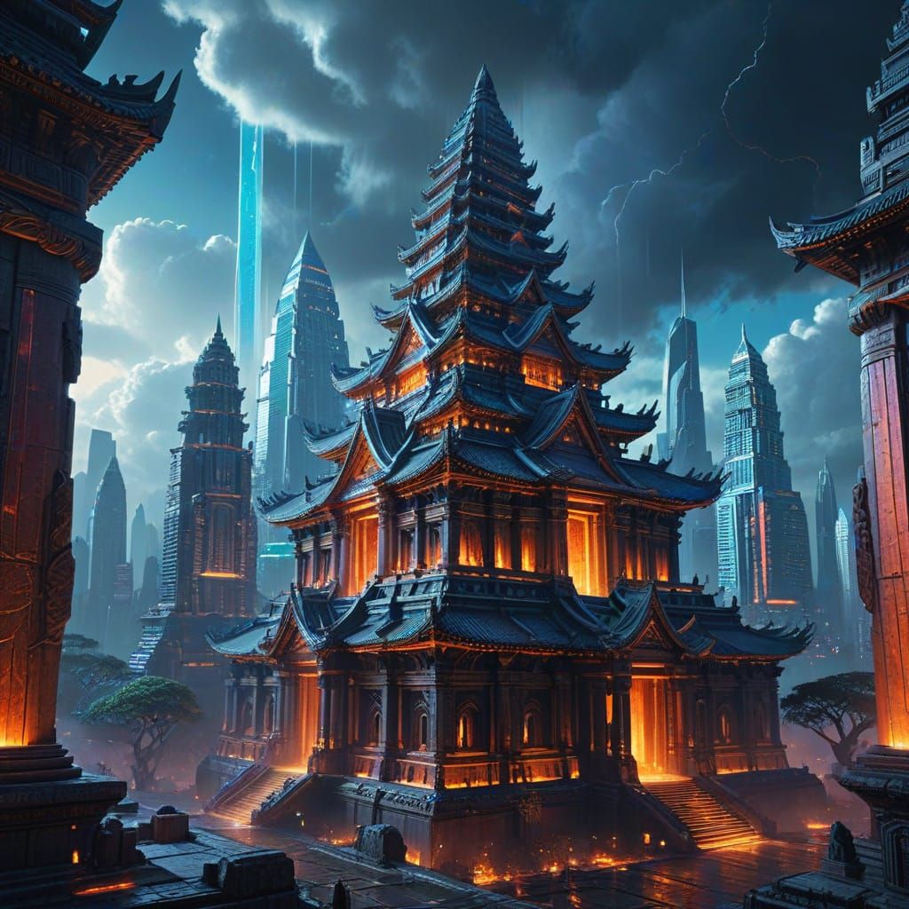 Ancient Temple Meets Futuristic Cityscape Illustration