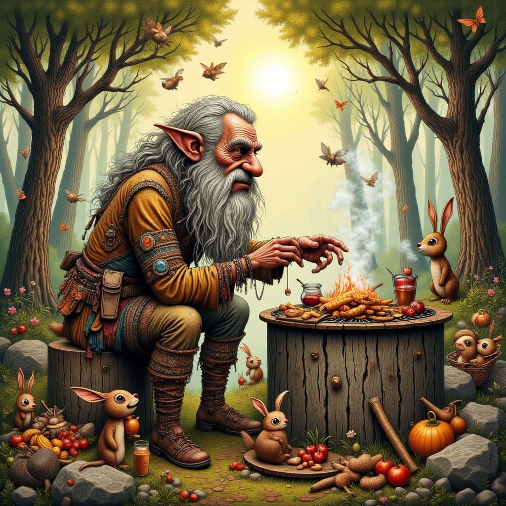 Whimsical Elf Hosts Forest BBQ in Earthy, Dreamlike Style
