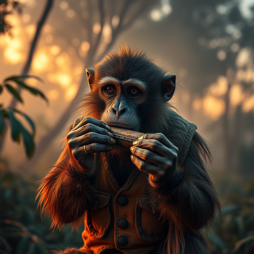 Harmonica-Playing Monkey in Misty Jungle, Hyperrealistic Ima...
