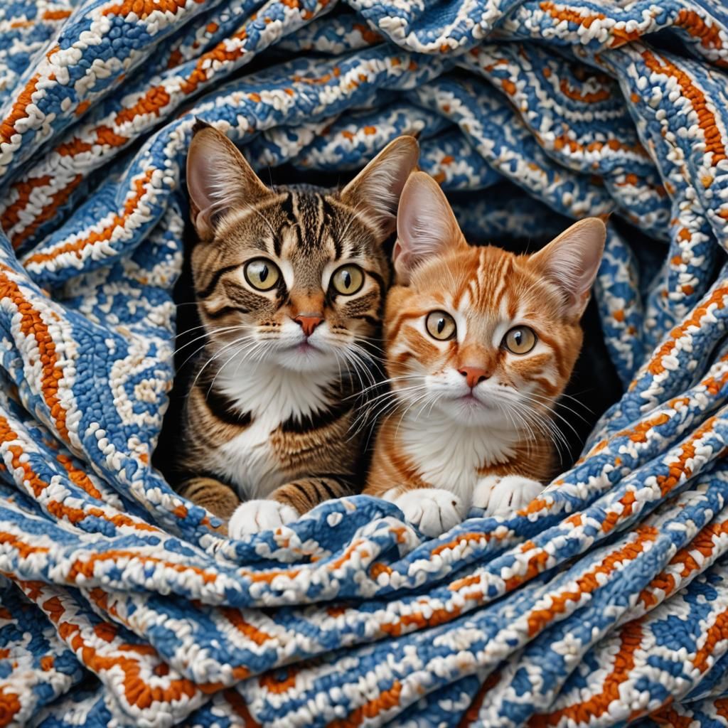 Snuggling Tabby Cats Portrait in Crochet Nest