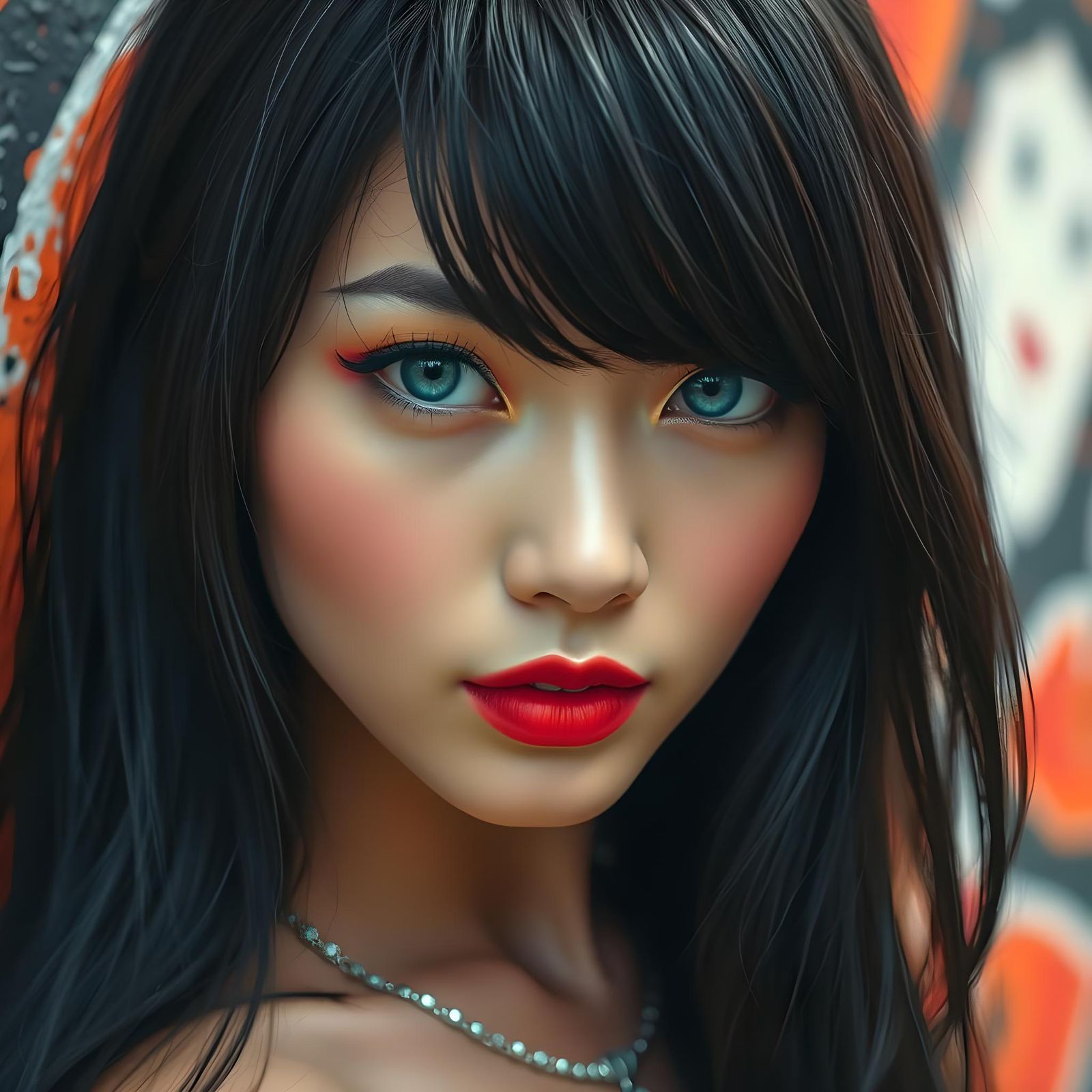 Stunning Oriental Beauty with Blue Eyes: Graffiti Art