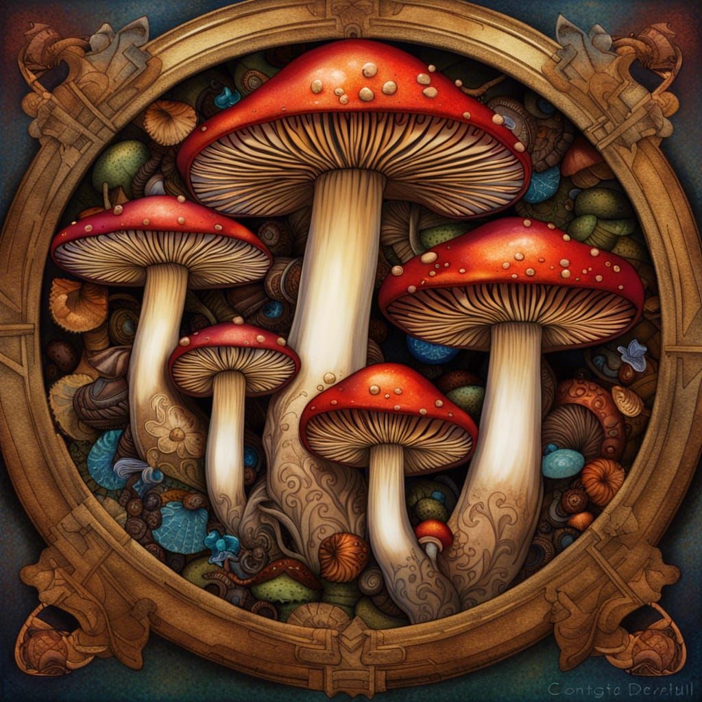 Steampunk Boletales Mushrooms with Intricate Border