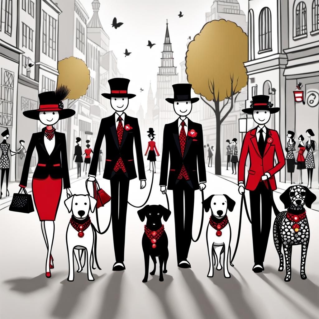 Whimsical Stick Figures Walking Dogs in Cartoon World