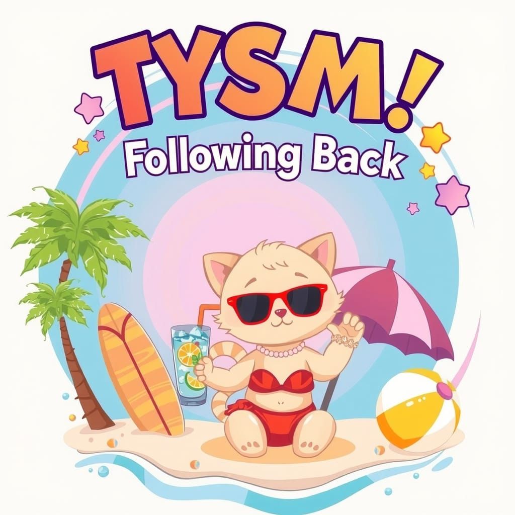 Vibrant and playful raised text that says "TYSM Following Back" set against a subtly textured backdrop in a whimsical, m...