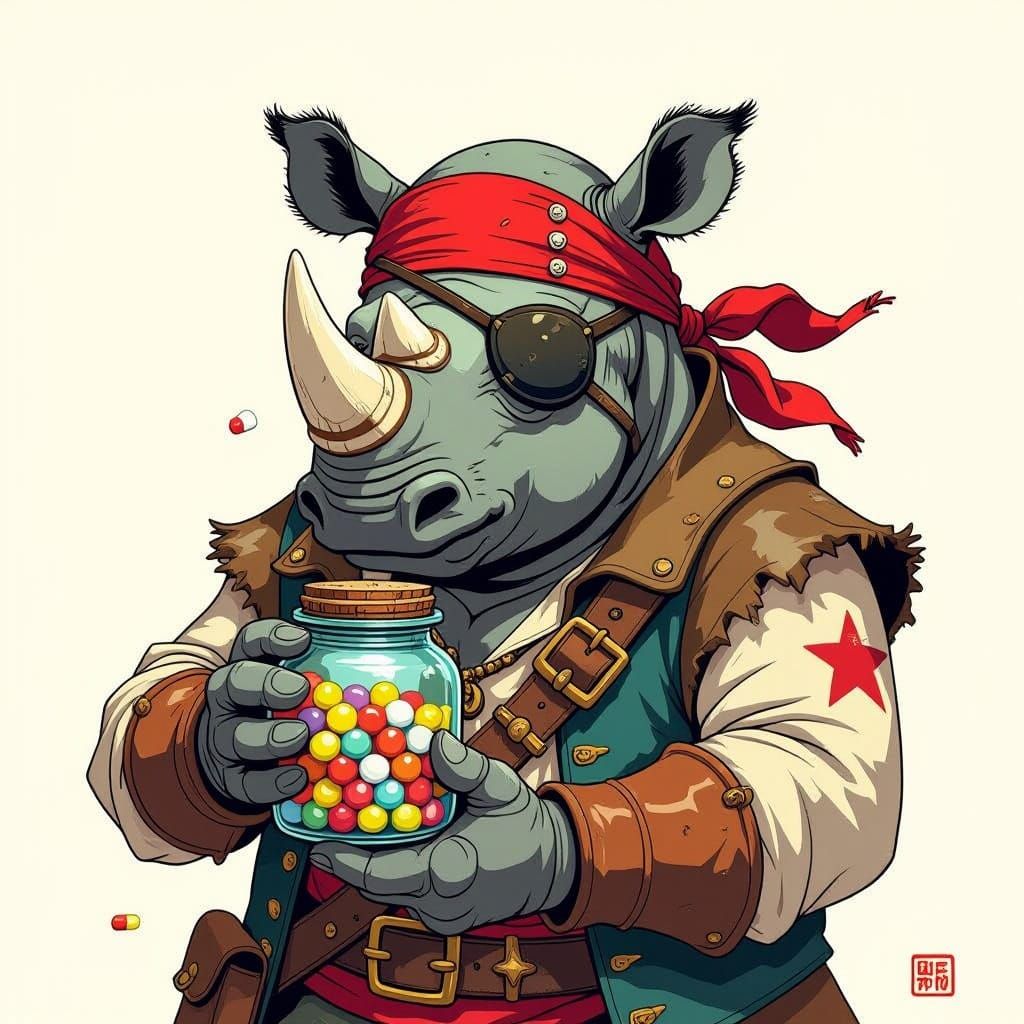Rhino Pirate with Pills, Whimsical Digital Art