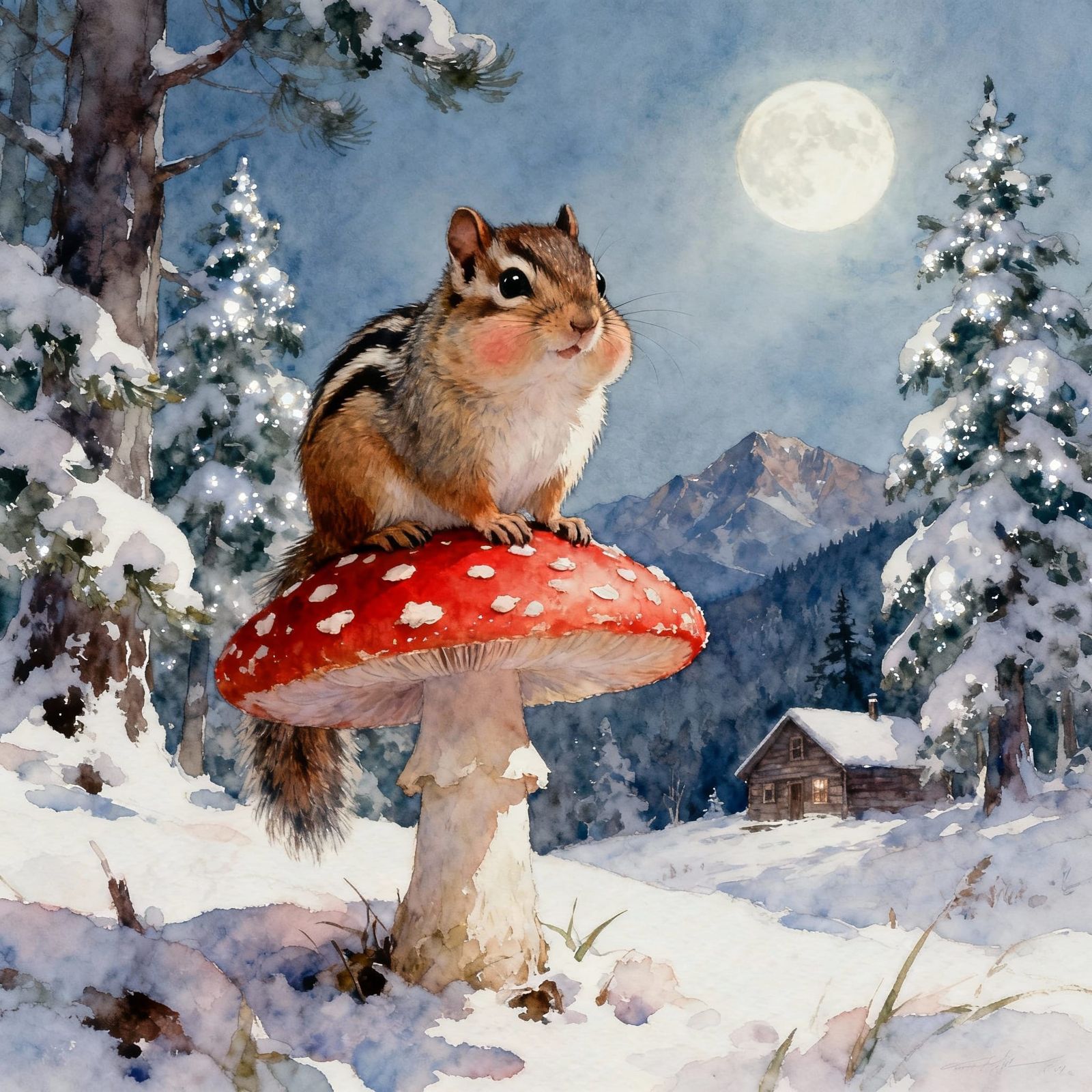 Chubby Chipmunk on Mushroom, Moonlit Watercolor Forest