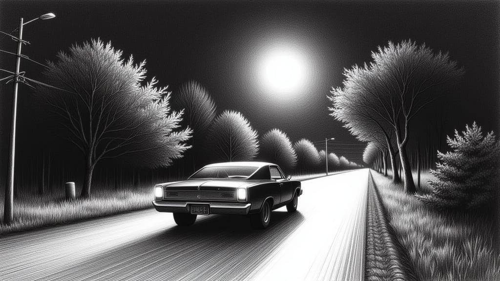 Pencil Drawing of Car on Moonlit Street