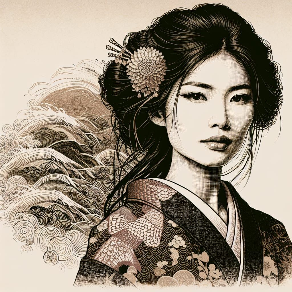 Gyotaku Portrait of South Asian Woman in Kimono