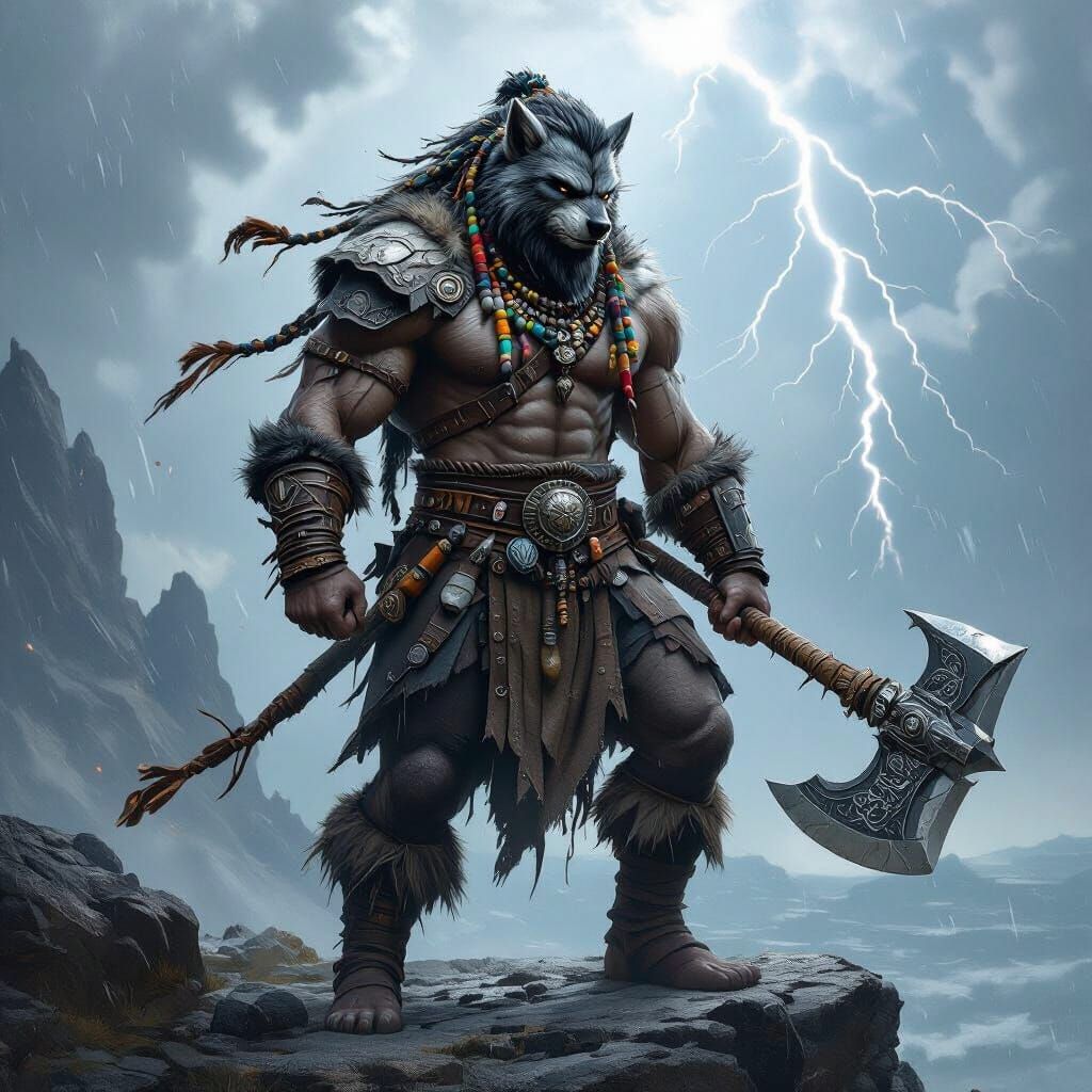 Beastfolk Warrior on Cliff in Stormy Fantasy Landscape