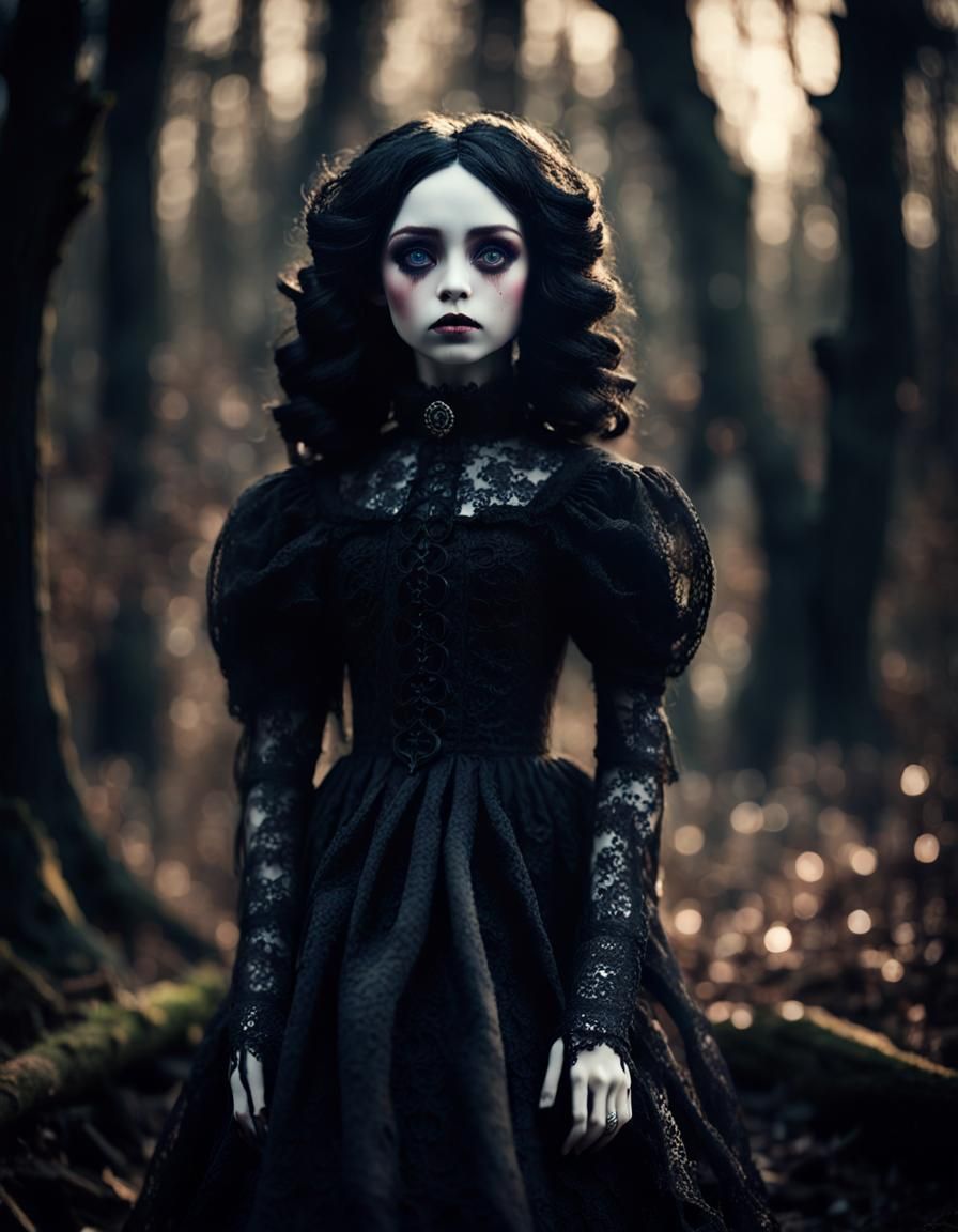 Gothic Porcelain Doll in Graveyard