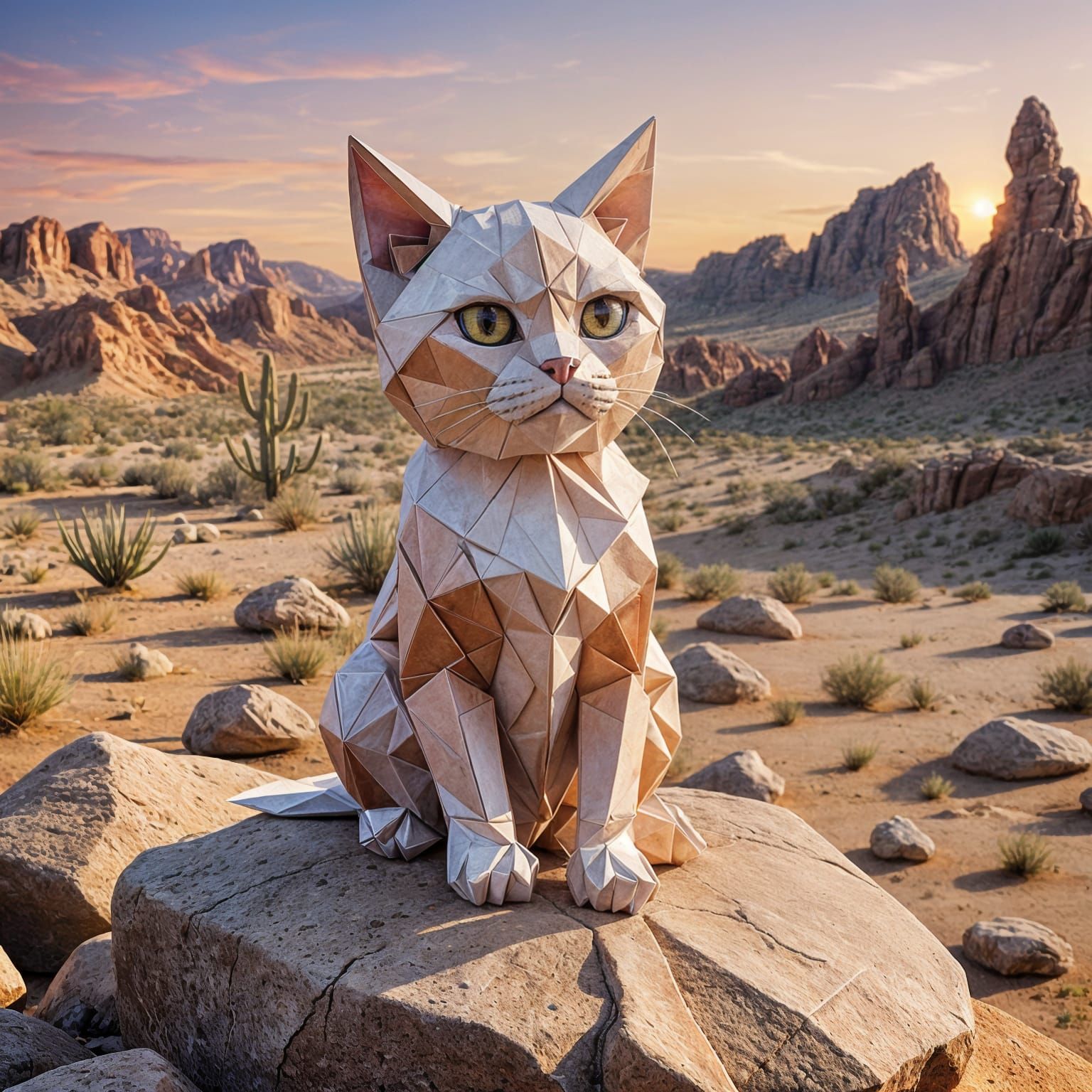 Grumpy Kitten Origami Sunset Landscape in 8K