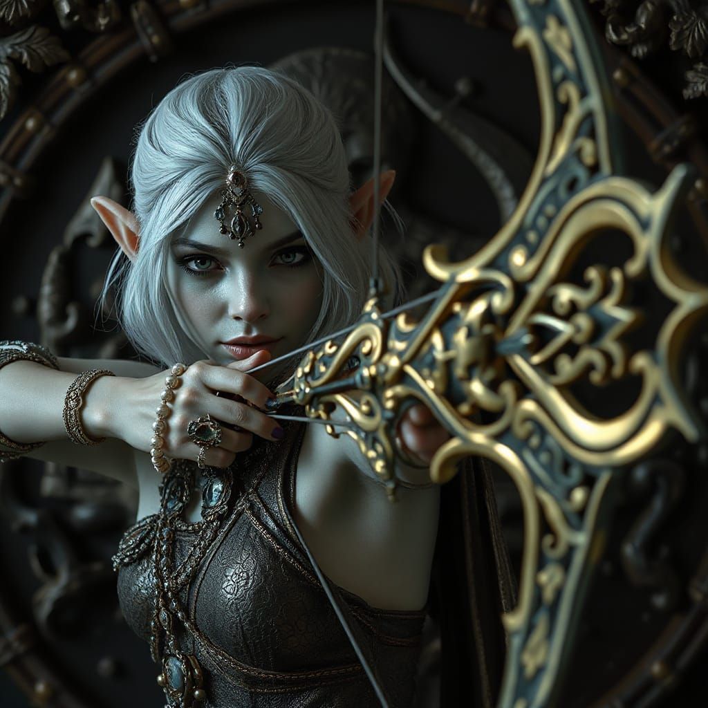 Hyperrealistic Dark Elf Archer in Dramatic Chiaroscuro Light...