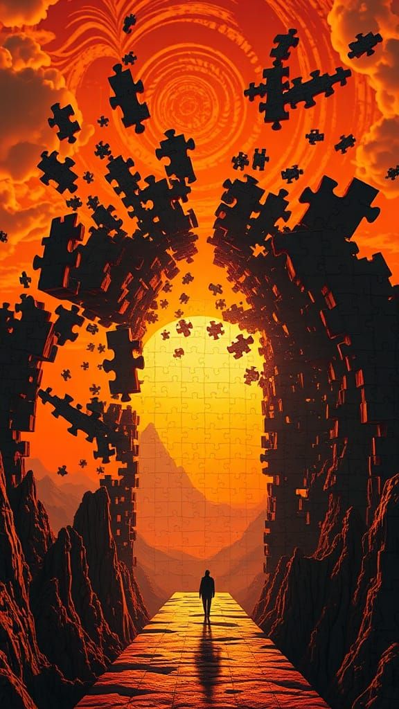 Surreal Gateway at Sunset with Floating Structures