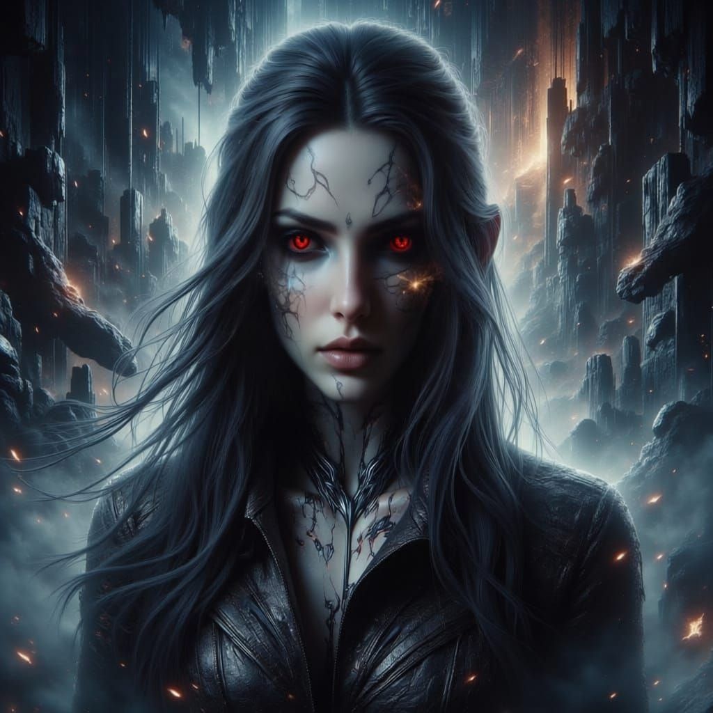 Gothic Woman in Breaking Reality, Cosmic Illustration