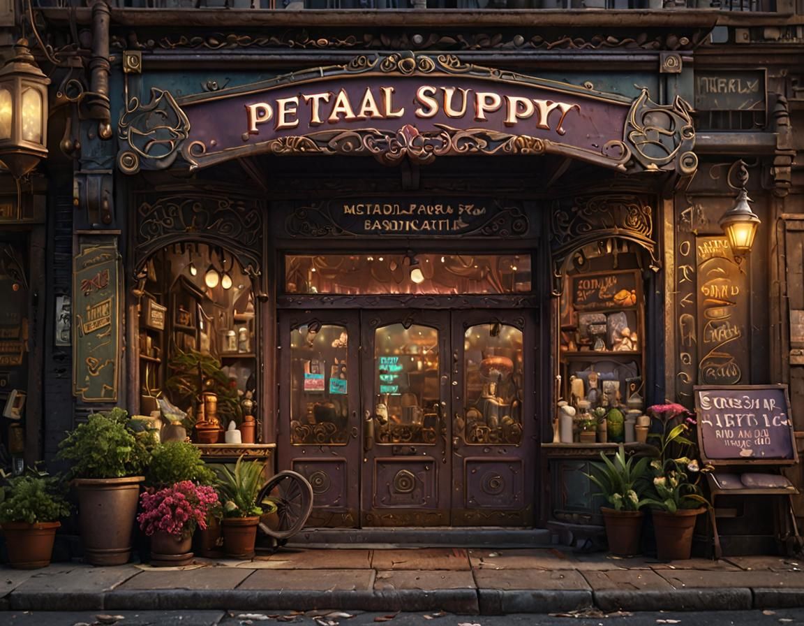 Ornate Petal Supply Shopfront in Mystical Cityscape