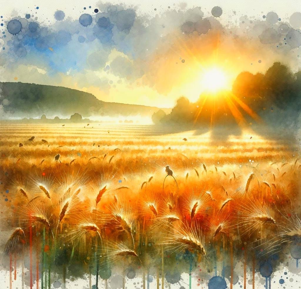 Impressionist Watercolor Wheatfield with Mice