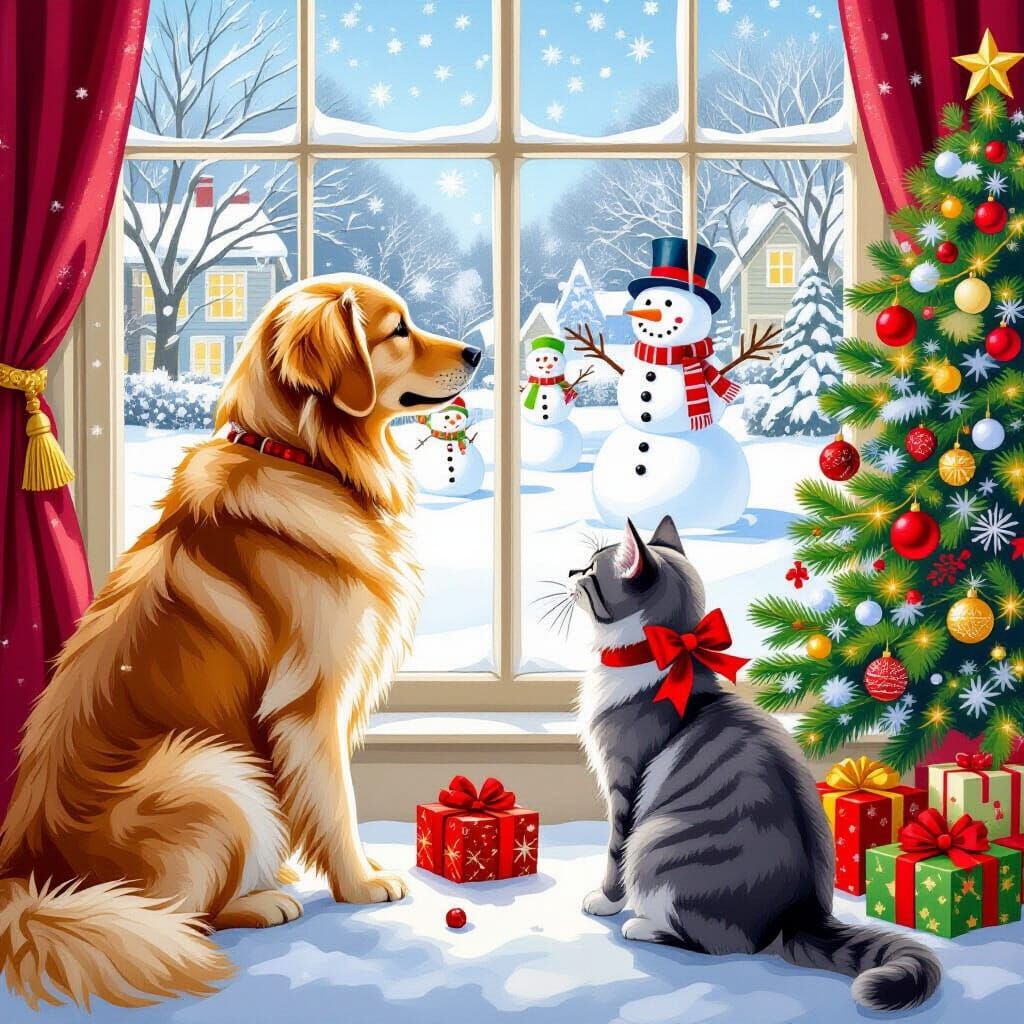 Golden Retriever & Gray Cat Watch Snowmen in Vivid Detail
