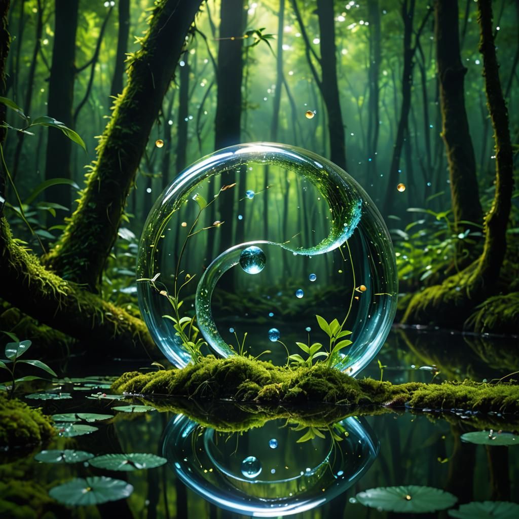 Surreal Glass Ying-Yang with Fireflies, Digital Art