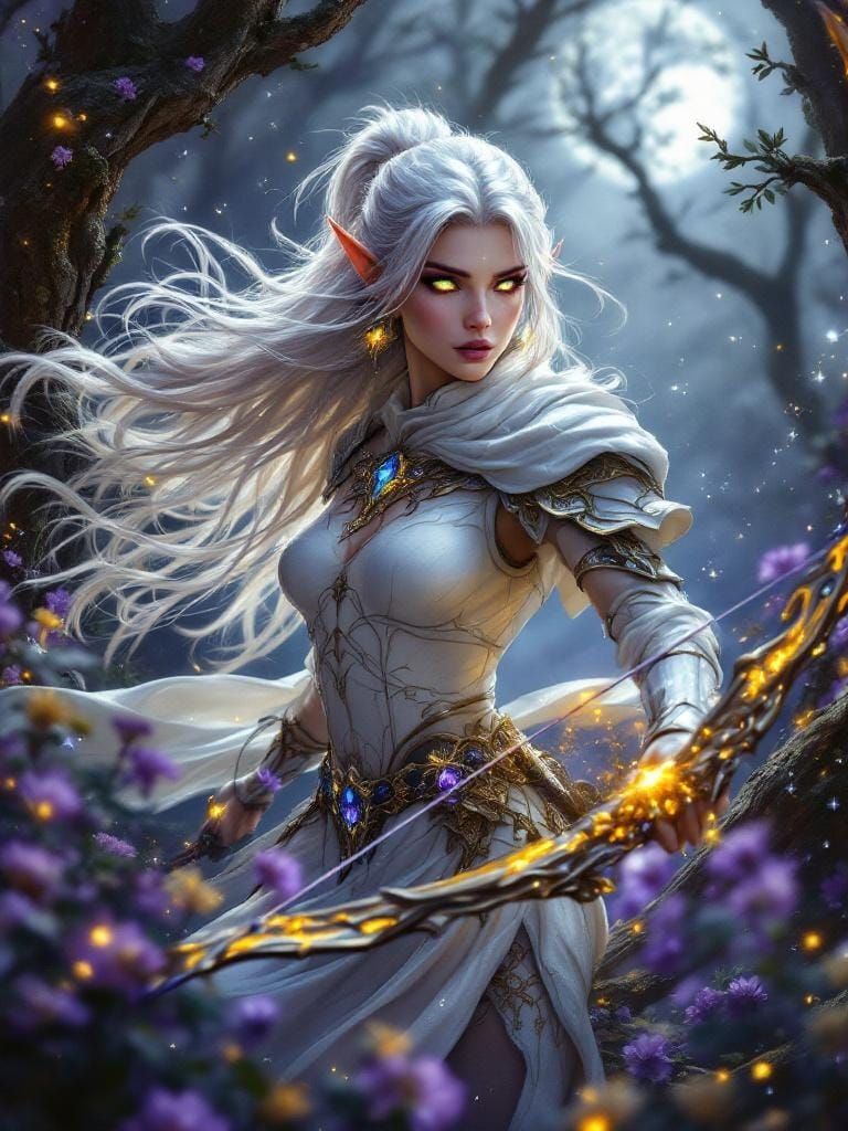 Elven Ranger in Mystical Moonlit Forest