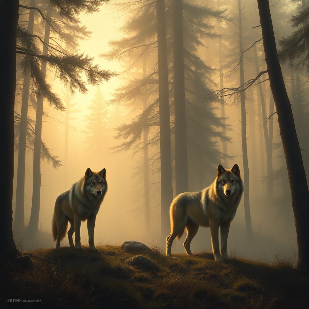 Wolves in Misty Forest Landscape Painting