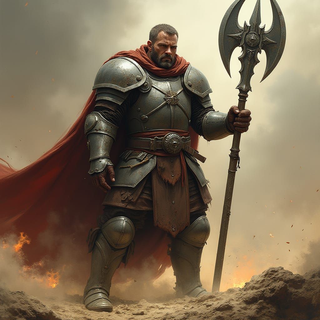 Battle-Worn Paladin with Halberd in Fantasy Landscape