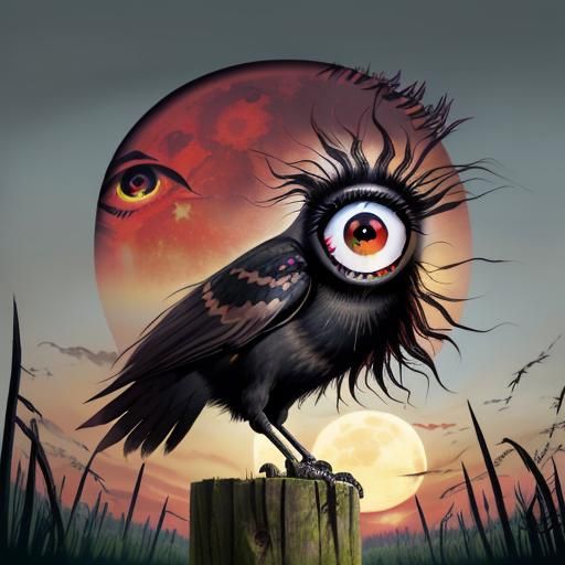 Crow with Huge Eye in Swampy River Scene