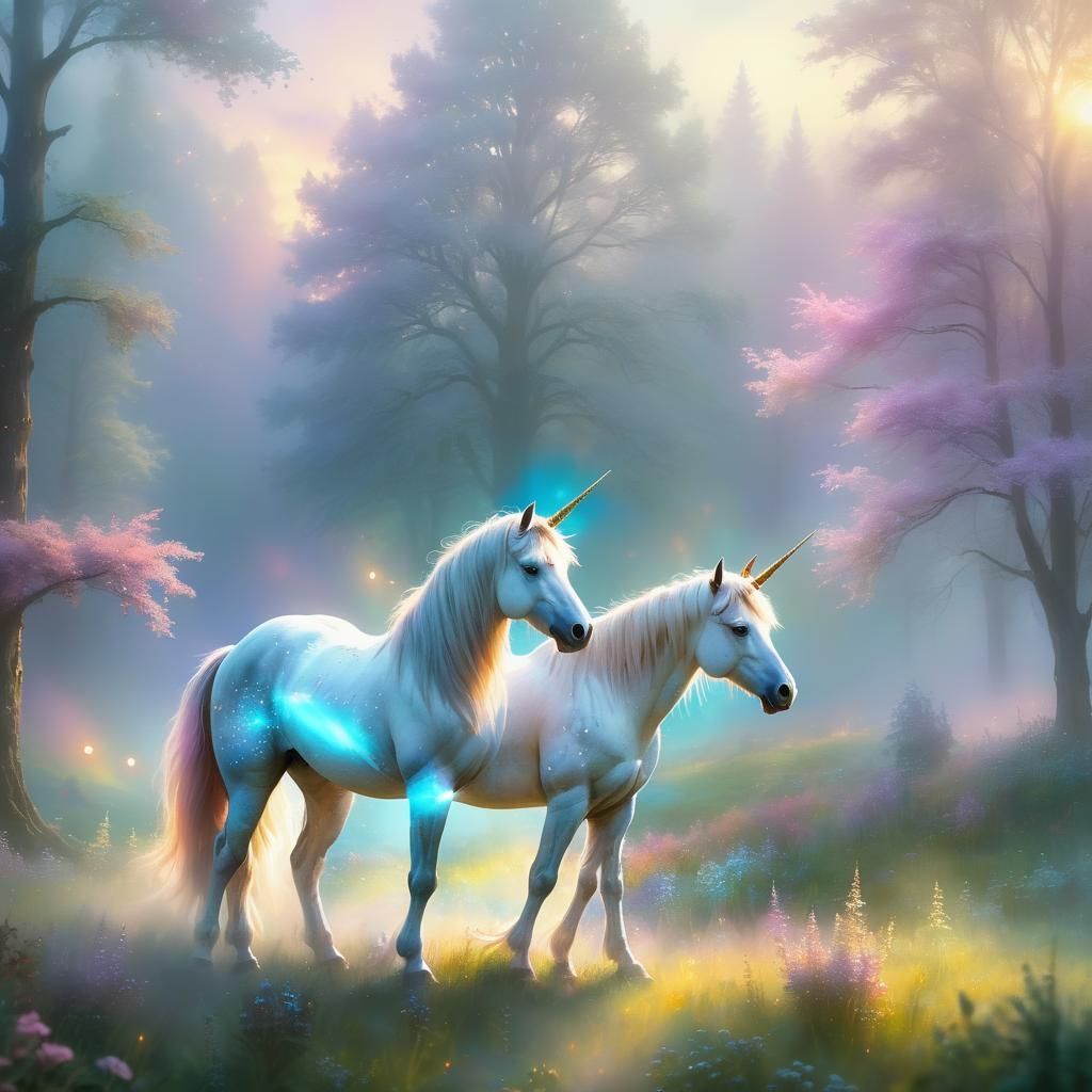 Unicorn in Misty Meadow: Ethereal Fantasy Art