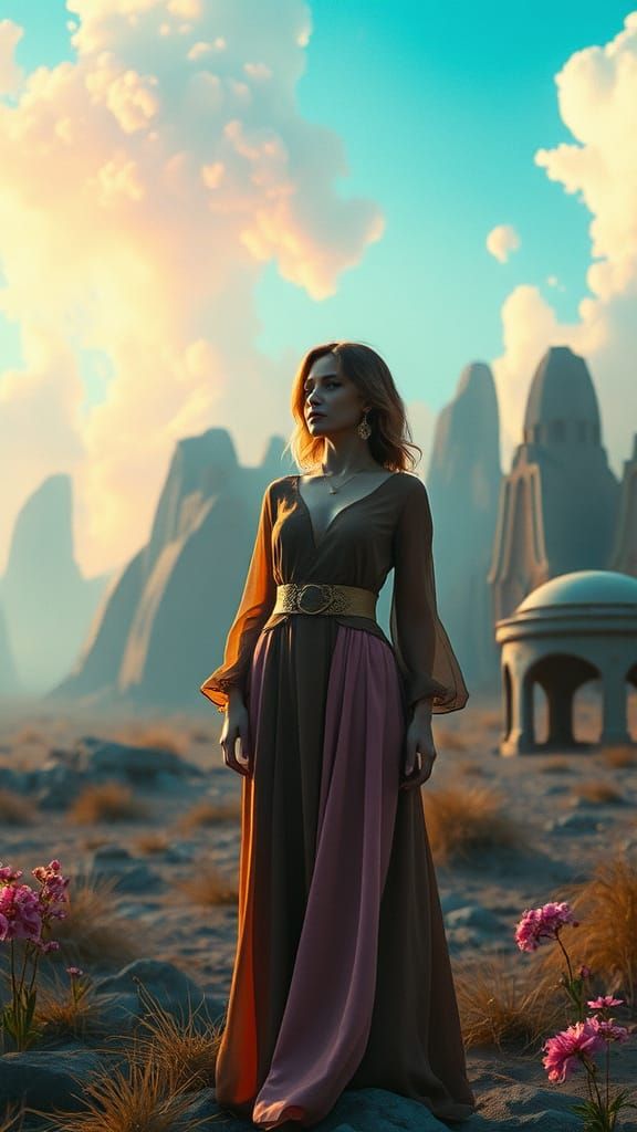 Woman in Surreal Scene with Dreamlike Colors